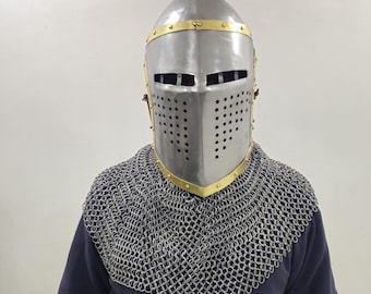 Handcrafted Medieval Great Helm with Chainmail Coif Steel Knight Helmet with Brass Trim HEMA, LARP, Reenactment