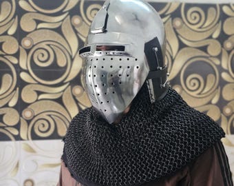 Handmade 14th Century Klappvisor Bascinet Medieval Steel Helmet Chainmail Aventail SCA Reenactment Combat Armor