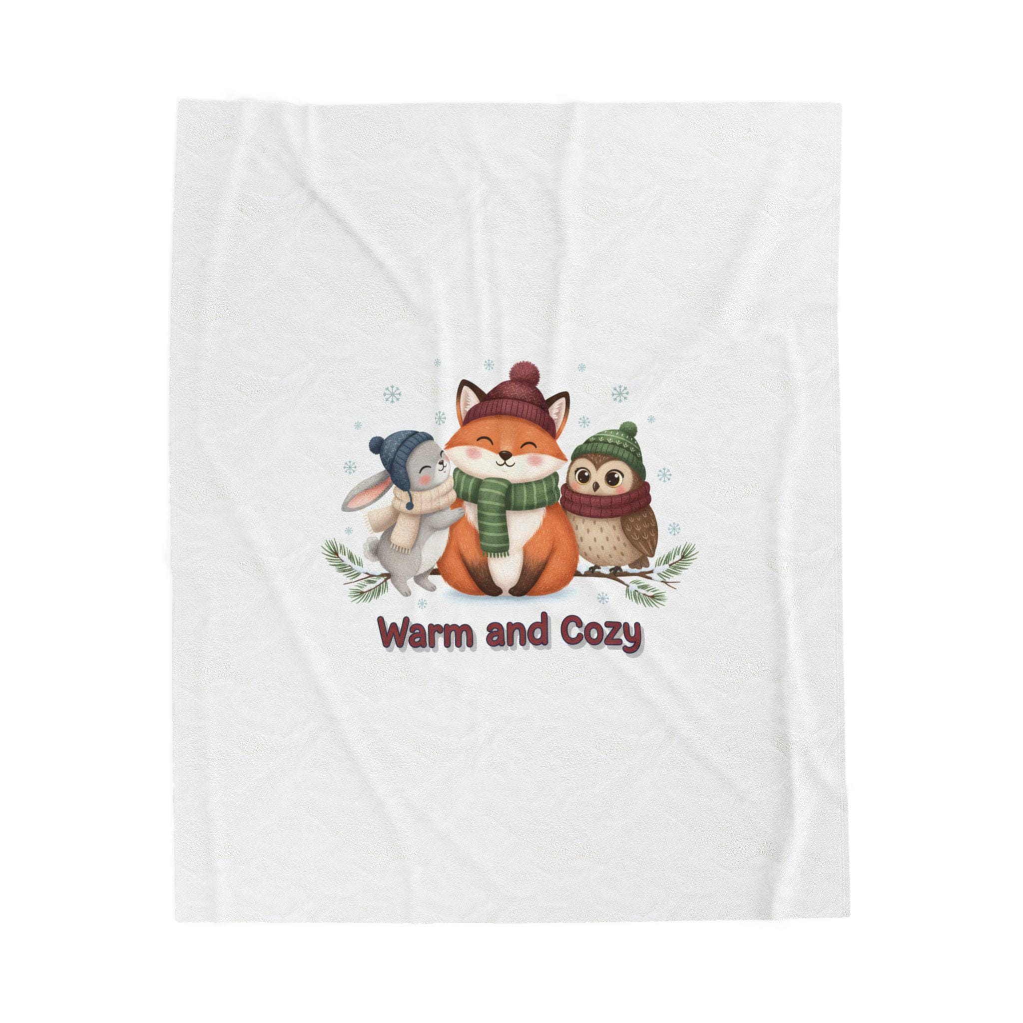 Warm and Cozy Cute Winter Animal Velveteen Blanket | woodland fox rabbit owl, pine green burgundy pa