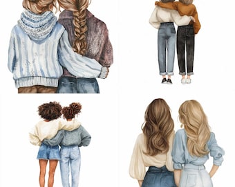 May include: A collection of four watercolor illustrations showing pairs of individuals from behind. The figures wear various sweaters, jeans, skirts, and shorts, with diverse hairstyles including braids, buns, and loose waves, all depicted in a soft artistic style.