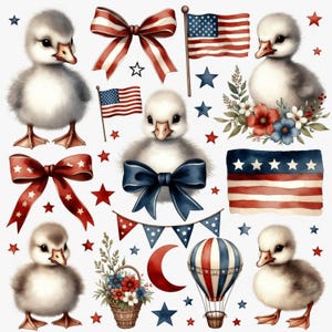 Könnte beinhalten: Aquarell-Illustration mit Babyenten, amerikanischen Flaggen, Schleifen, Sternen und einem Heißluftballon. Die Farbpalette umfasst Rot, Weiß und Blau, mit floralen Akzenten. Das Bild hat ein patriotisches Thema.