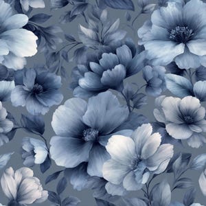 May include: A seamless pattern featuring large, stylized flowers in shades of blue and white against a muted blue-gray background. The floral design includes detailed petals and leaves, creating a soft, watercolor effect. The overall aesthetic is elegant and suitable for various design applications.