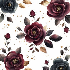 Può includere: Motivo floreale ad acquerello con rose bordeaux e blu navy, accenti dorati e foglie su sfondo bianco. Il design include fiori aperti, boccioli e macchie dorate sparse, creando un'estetica romantica ed elegante.