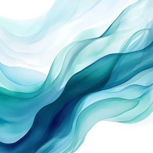 May include: Abstract watercolor painting featuring flowing, translucent ribbons of teal, turquoise, and deep blue hues against a white background. The artwork evokes a sense of movement and fluidity, resembling waves or fabric.