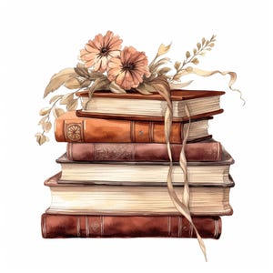 May include: Watercolor illustration of a stack of vintage books in shades of brown and tan. The books are topped with peach-colored flowers and dried foliage. A long, tan ribbon drapes down the side of the stack.