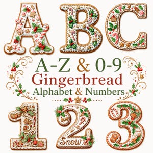 May include: A digital graphic featuring the letters A, B, C and numbers 1, 2, 3 rendered as decorated gingerbread cookies with white icing, red berries, green holly leaves, and candy canes. The text A-Z & 0-9 Gingerbread Alphabet & Numbers is centered.