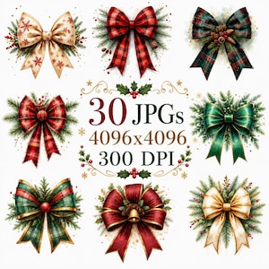 30 clipart di fiocchi natalizi ad acquerello, fiocchi festivi con nastro, decorazioni a quadri, oro e verde, pacchetto di fiocchi Ciquette