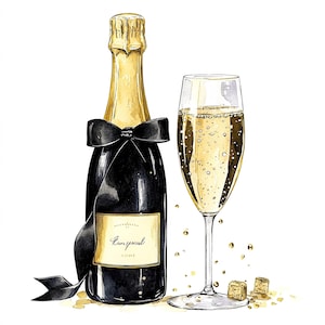 Puede incluir: Ilustración en acuarela de una botella de champán con un lazo negro y una copa de champán llena de líquido burbujeante. La botella tiene una tapa dorada y una etiqueta. Dos pequeños corchos están cerca del vaso.
