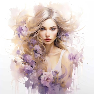 May include: A digital watercolor painting of a woman with flowing blonde hair and a white dress. The artwork features soft, pastel colors with purple flowers and accents, creating a dreamy and artistic aesthetic.