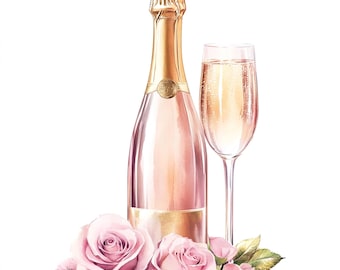 May include: Watercolor illustration of a champagne bottle and a filled champagne flute. The bottle is pink with a gold foil label and top. Pink roses and petals are at the base of the bottle and glass.