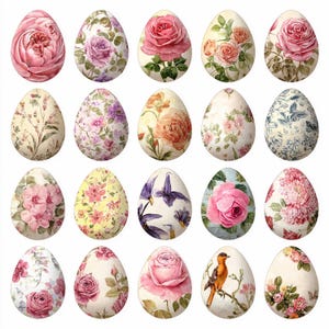 May include: A collection of fifteen decorative Easter eggs. Each egg features a unique floral design, including roses, peonies, and other flowers in shades of pink, purple, and yellow. Some eggs also have bird illustrations.