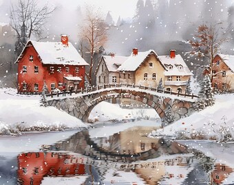 13 Watercolor Holiday Village Set, Winter Town, High Quality JPGs, Paper Craft, Junk Journal, Digital Download