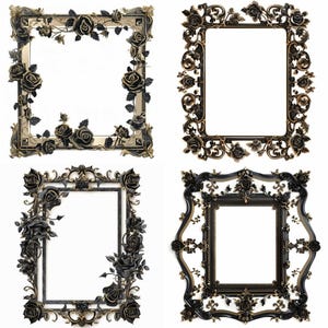 Paquete de 32 imágenes prediseñadas de marcos góticos negros y dorados, bordes de rosas ornamentados, marcos de boda barrocos vintage, conjunto de marcos románticos oscuros