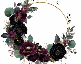 22 dunkle Blumenkränze & Bordüren Clipart Bundle, bordeaux schwarze Rosen, gotische Hochzeitsdeko Rahmen, stimmungsvolles Blumenset