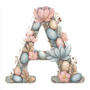 Könnte beinhalten: Ein dekorativer Buchstabe "A" aus pastellfarbenen Ostereiern, Blumen und Blättern. Die Eier sind gesprenkelt und in Blau, Rosa und Beige bemalt. Die Blumen sind in zarten Rosa- und Blautönen gehalten, mit detaillierten Blättern und Stielen.