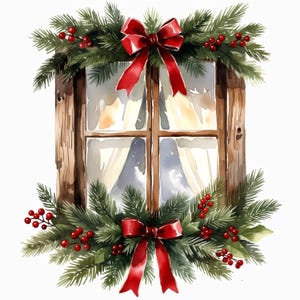9 Vintage Christmas Window Clipart, Christmas Garland Graphics, Holiday Art, High Quality JPGs, Paper Craft, Junk Journal, Digital Download