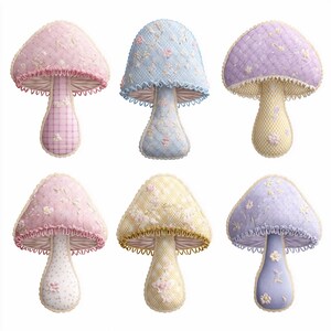 20 Pastel Patchwork Mushroom Clipart, Quilted Cottagecore Fabric Elements (Digital Download)