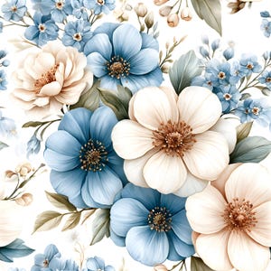 May include: A seamless pattern featuring large, layered flowers in shades of soft cream, pale beige, and vibrant blue. The design includes smaller blue blossoms, delicate buds, and muted green leaves arranged across a clean white background.