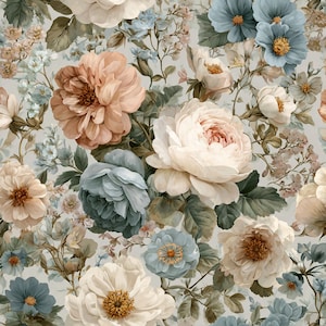 Peut inclure: Motif floral sans couture avec des fleurs crème, pêche et bleues. Le motif comprend de grandes fleurs de type pivoine, de plus petites fleurs et du feuillage vert, le tout sur un fond gris clair. Idéal pour le tissu ou le papier peint.