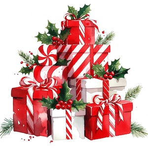 Könnte beinhalten: Eine Aquarellillustration eines Stapels Weihnachtsgeschenke. Die Geschenke sind rot und weiß, mit Streifenmustern und Schleifen. Stechpalmen und Beeren sind zwischen den Geschenken platziert und schaffen eine festliche Urlaubsszene.