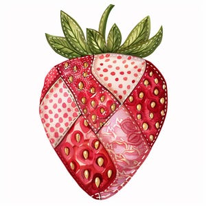 Patchwork Strawberry Clipart Bundle, Quilted Fabric Strawberries JPG, Red Cottagecore Fruit Clip Art, Sewing Style Scrap Fabric Elements