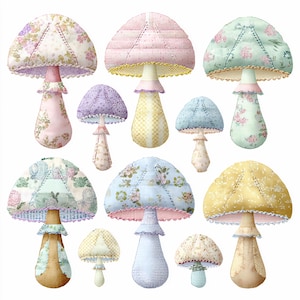 20 pastellfärgade lapptäcke-svamp-clipart, quiltade Cottagecore-tygelement (digital nedladdning)