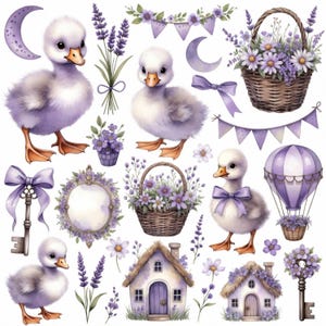 Könnte beinhalten: Aquarell-Illustration mit verspielten Elementen: Entenküken, Lavendelsträuße, Blumenkörbe, Halbmonde, Schleifen, Schlüssel, Heißluftballon und Miniaturhäuser, alles in Lila- und Weißtönen.