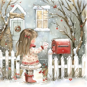 May include: Watercolor illustration of a young girl in a winter scene. She is wearing a red bow, scarf, and patterned coat, holding a card near a red mailbox. Snow falls around her and the house, decorated with a wreath and lights, creating a festive holiday atmosphere.