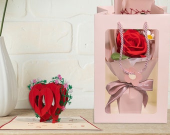 LINPOPUP Cadeau d'amour pour la Saint-Valentin ou pour un anniversaire de mariage et un anniversaire de mariage - Rose éternelle faite main avec 3D - Pop-Up Card Heart