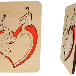 LIN17360, LINPopUp®, cartes en bois, cartes de mariage, cartes de voeux mariage, cartes avec dictons, mariage, mariés sur coeur, N603