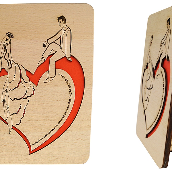 LIN17360, LINPopUp®, cartes en bois, cartes de mariage, cartes de voeux mariage, cartes avec dictons, mariage, mariés sur coeur, N603