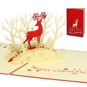 LIN17081, LINPoUp®, Biglietto POP UP di Natale, Biglietto d'auguri 3D di Natale, Renna nella foresta, N417