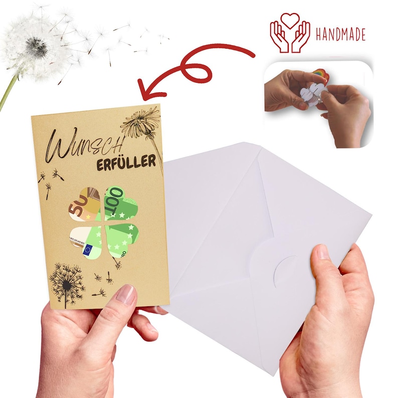 May include: A brown card with the text "Wunsch Erf&uuml;ller" and a four-leaf clover with euro bills peeking through the holes. The card is being held by a hand and is next to a white envelope.