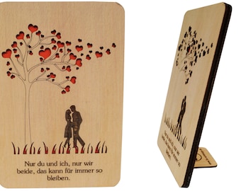 LIN17359, LINPopUp®, wooden cards, wedding cards with saying, greeting cards wedding, valentine cards, couple under heart trees, N602