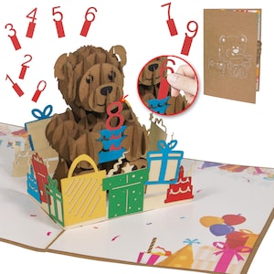 LIN17841, LINPopUp, tarjeta pop-up oso, oso con chiffers, tarjeta de felicitación para cumpleaños, tarjeta pop-up naturaleza, oso con números individuales, N173