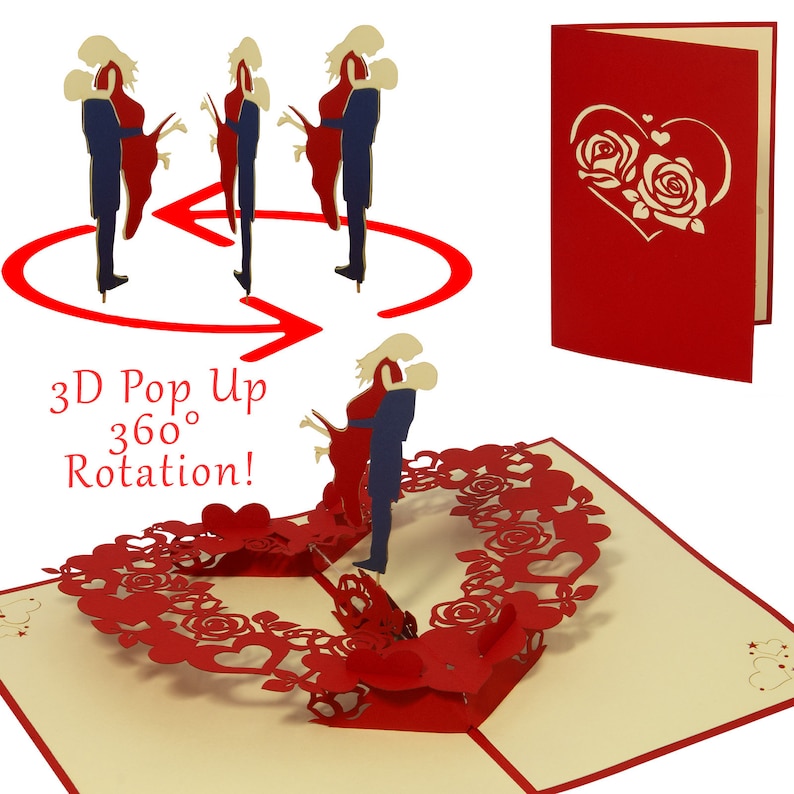 May include: A red and cream 3D pop-up card featuring a couple dancing within a heart-shaped frame of roses. The card is open, showcasing the couple. The card is 360 degrees rotatable. "3D Pop Up 360&deg; Rotation!" is written on the card.