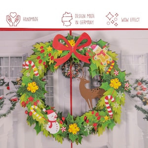 LIN17005, LINPopUp, Pop-Up Karte Weihnachten, Weihnachtskranz - Tür - Hirsch - Karte, 3D Weihnachtskarte, Geschenkkarte Weihnachten, N433