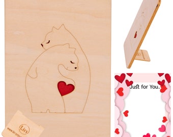 LIN17851, Holzkarte - Grußkarte aus Holz mit Ständer und Notizblock als Liebeskarte, Muttertagskarte, Vatertagskarte, Wir lieben uns