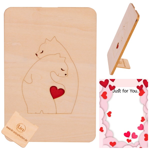 LIN17851, Wooden card - Wooden greeting card with stand and notepad as a love card, Mother's Day card, Father's Day card, We love each other