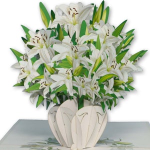 LIN17760, LINPopUp®, carte pop up fleurs, carte d'anniversaire, bouquet de fleurs, cartes de vœux fleurs, carte pop up, lys, N500