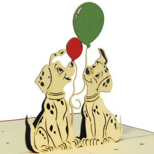 LIN17135, Carte Pop Up, Carte 3D, Carte d'anniversaire, Carte de voeux, Chèque cadeau, Ballons, Dalmatien, Chien, LINPopUp®, N264