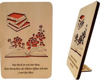 LIN17363, LINPopUp®, cartes en bois, bon "livre", cartes de voeux en bois avec dictons, bon de livre, carte de voeux livre roses, N605