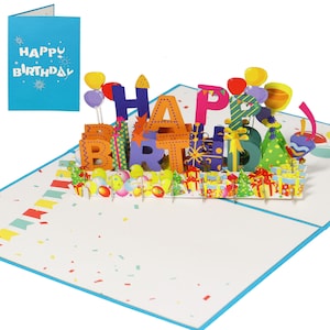 LIN17757, LINPopUp®, Carte Pop Up, Carte d'anniversaire 3D, Carte cadeau Pop Up, Joyeux anniversaire, Carte de voeux, Ballons, Confettis, N130