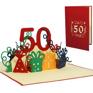 LIN17262, LINPopUp®, POP UP, 3D wenskaart, verjaardagskaart, 50e verjaardag, bruiloft 50, 50e verjaardag wenskaart, rood, N20