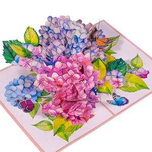 Tarjeta pop-up flores, tarjeta de felicitación mariposa, tarjeta de cumpleaños, día de la madre, tarjeta de flores 3D, que te mejores pronto, jardín, hortensias, LIN17860, N278