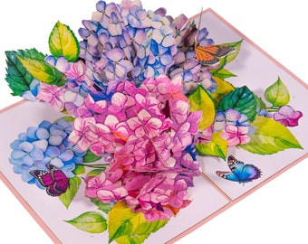 Pop-Up card flowers, greeting card butterfly, birthday card, Mother's Day, 3D flower card, get well soon, garden, hydrangeas, LIN17860, N278