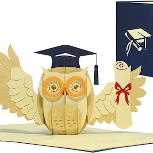 LIN17530, LINPopUp®, carte 3D Pop Up, Félicitations, Réussite à l'examen, Baccalauréat, Licence, Hibou, Houette, Chapeau de docteur, N284
