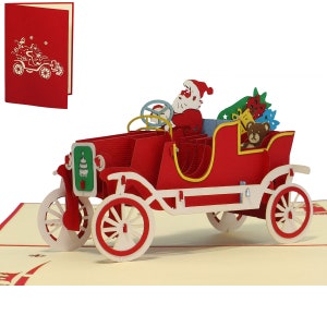 LIN17662, LINPopUp®, Carte Pop Up Noël, Carte 3D Noël, Cartes de Voeux Noël, Cartes de Noël, Père Noël dans une Voiture, N457
