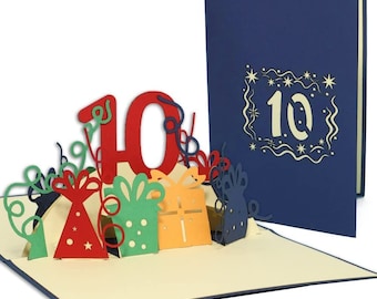 LIN17753, LINPopUp®, 10 Anniversary, POP UP Cards, Pop Up Birthday Card, 10th Anniversary, Greeting Cards 10th Birthday, Blue, N395