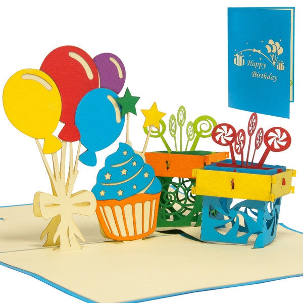 LIN17776, LINPopUp®, Pop Up Karte Geburtstag, 3d Karte Geburtstagskarte, Klappkarte, Grußkarte, Geburtstagstorte, Luftballon Karten, N37